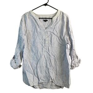 Talbots Womens Blouse White Blue Stripe Popover V Neck Roll Tab 100% Linen L